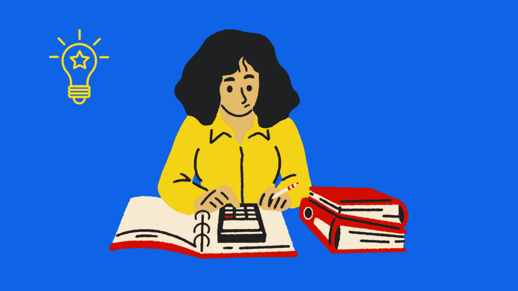 A woman working on accounting documents at a desk, with a tips icon on the right side.