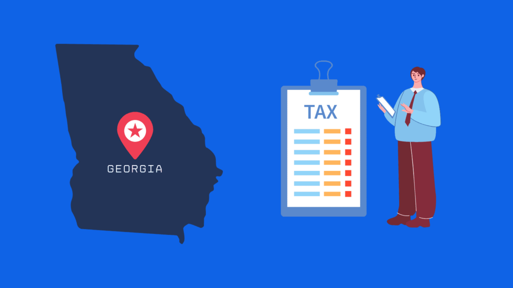 Georgia map and employee standing with a tax chart representing key information on self-employment tax rates and laws in the state