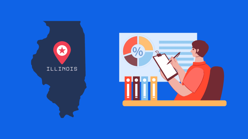 Map of Illinois with person in corporate setting, representing corporate tax changes for the state in 2022