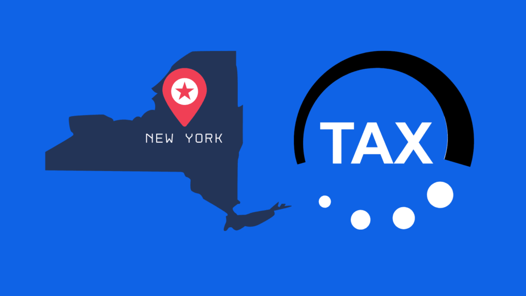 Map of New York with tax icon, representing corporate income tax information for the state