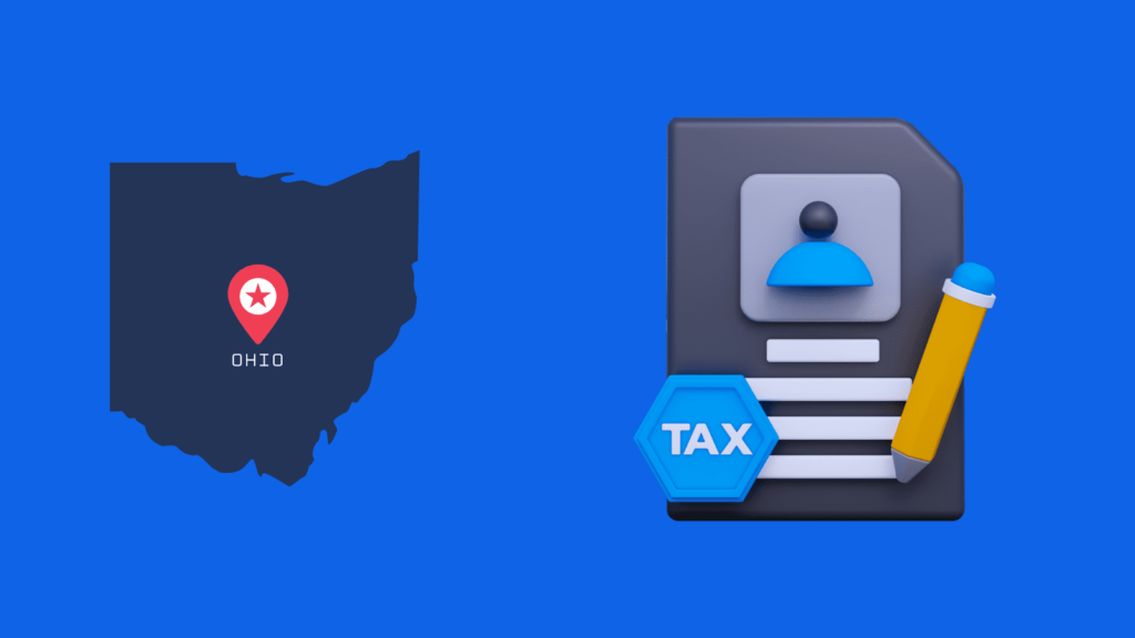 Illustration of Ohio map and tax filing icon representing corporate income tax in Ohio